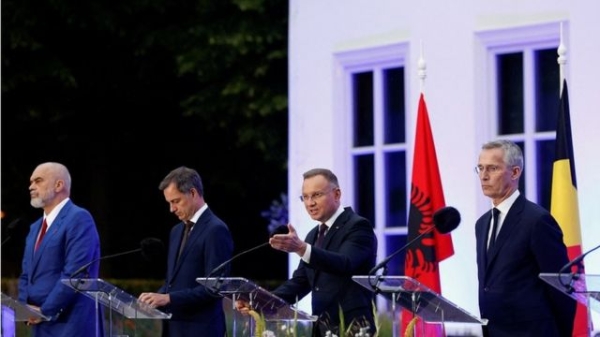 Albania's Prime Minister Edi Rama, Belgian Prime Minister Alexander De Croo, Poland's President Andrzej Duda and NATO Secretary General Jens Stoltenberg attend a press conference after a working dinner for NATO leaders at the Catshuis, in The Hague, Netherlands June 27, 2023.