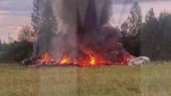 Image, via the Reuters news agency, which appears to show plane wreckage on fire at a location given as Tver region, western Russia.