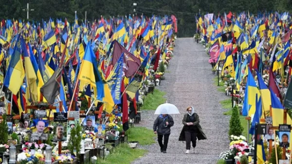 Під дощем двоє людей ідуть алеєю між могилами українських військових, прикрашених численними синьо-жовтими та червоно-чорними прапорами, квітами й портретами полеглих.