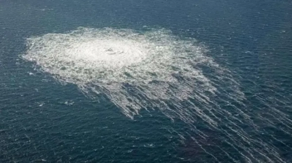 Danish Defense shows the gas leaking at Nord Stream 2 seen from the Danish F-16 interceptor on Bornholm, Denmark on September 27, 2022