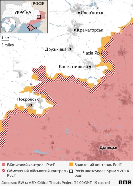 Мапа східної частини України, де позначені окуповані території