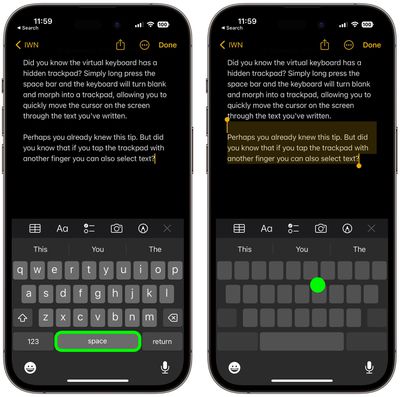 Екран введення тексту на iPhone з активованою функцією трекпеда