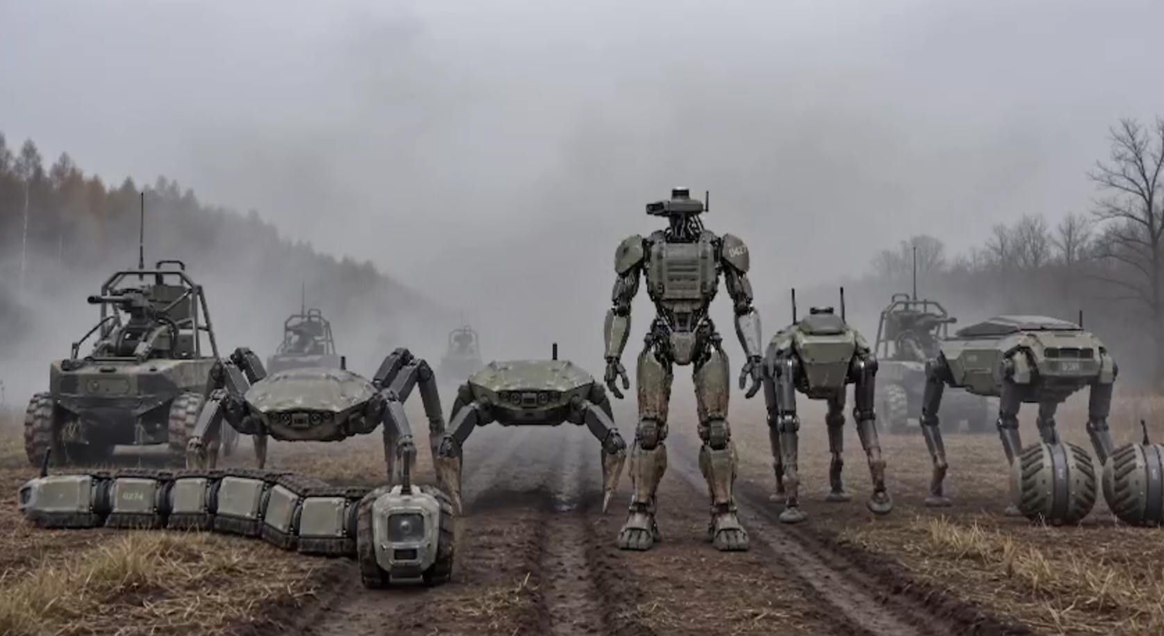 A screenshot from an AI-generated video showing hypothetical military robots, posted by former defense minister Mykhailo Fedorov on Sept. 26, 2026. (Mykhailo Fedorov / Telegram)&amp;nbsp;