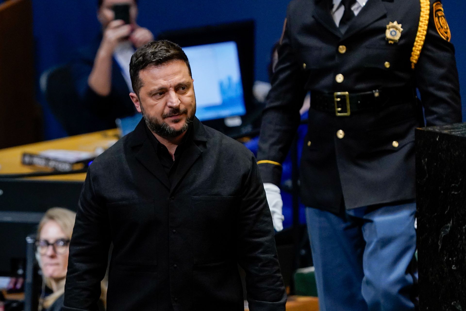 President Volodymyr Zelensky arrives to speak during the United Nations General Assembly (UNGA) in New York City, U.S., on Sept. 23, 2026. (John Lamparski/Bloomberg via Getty Images)