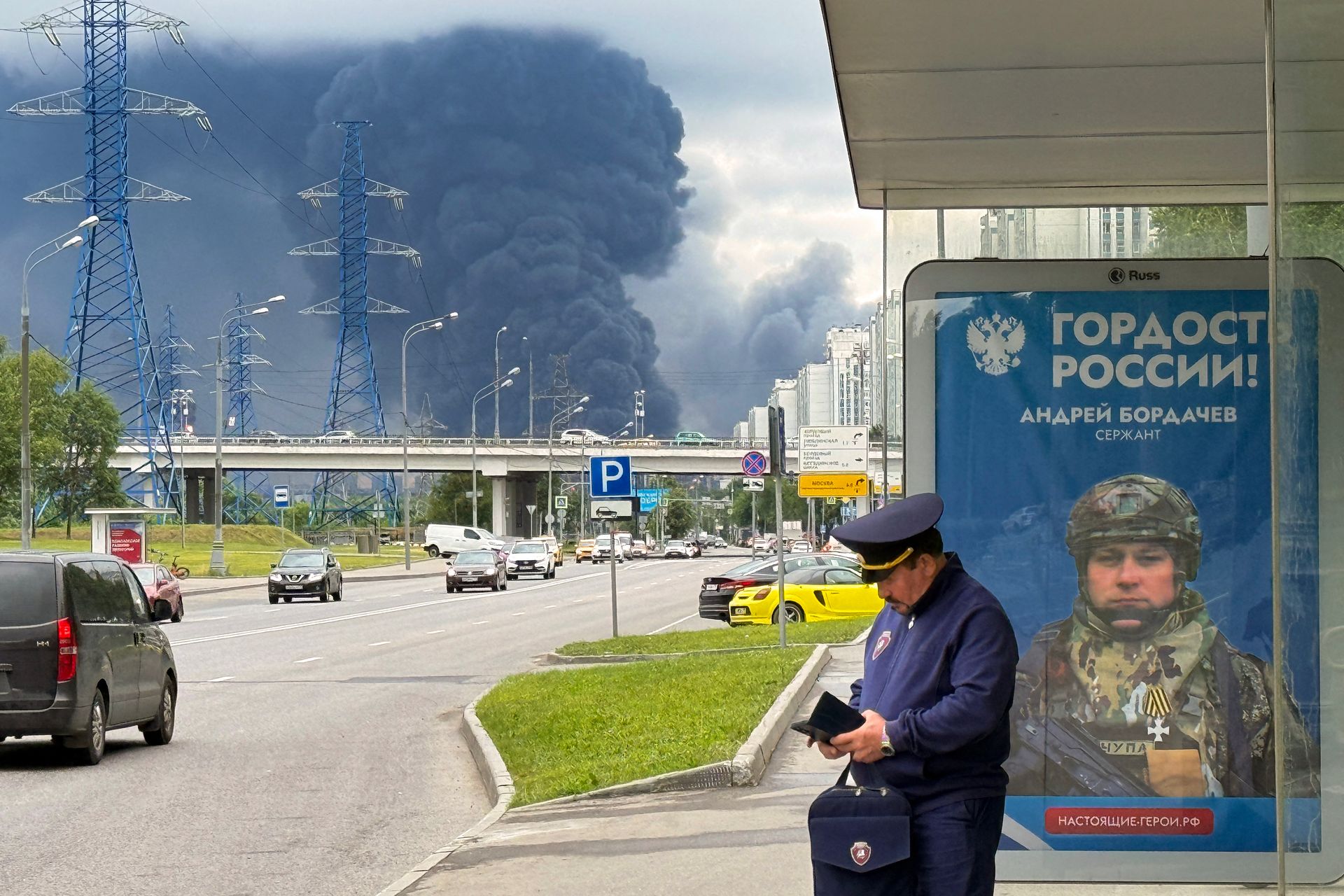 Black smoke rises from the area of the Russian oil producer Gazprom Neft's Moscow oil refinery on the outskirts of Moscow, Russia on June 18, 2026. (AFP via Getty Images)