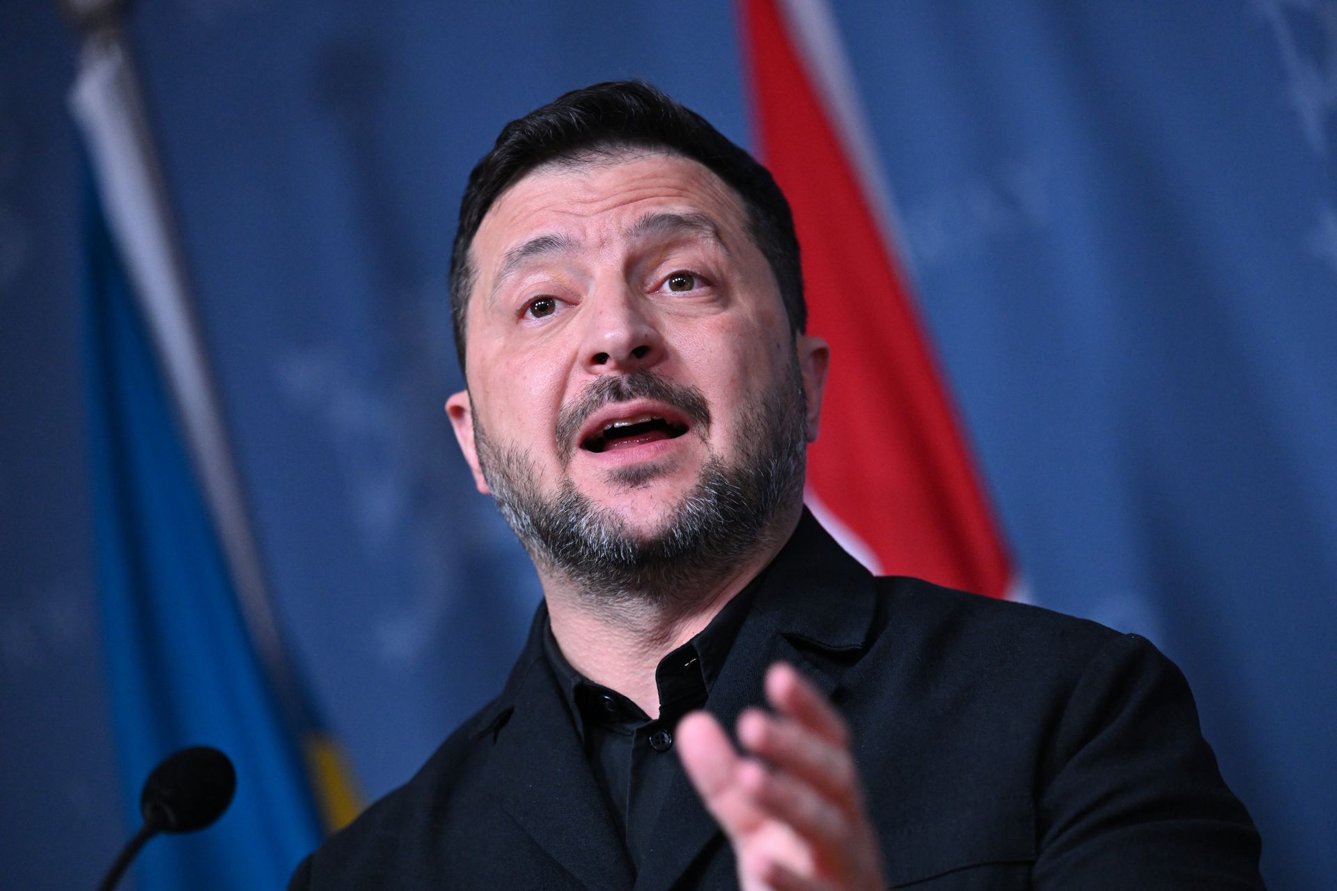 Ukraine's President Volodymyr Zelensky delivers a joint press conference after a meeting with Norway's Prime Minister and Finland's President on the situation in Ukraine on Oct. 20, 2026 in Oslo. (Jonathan Nackstrand / AFP via Getty Images)